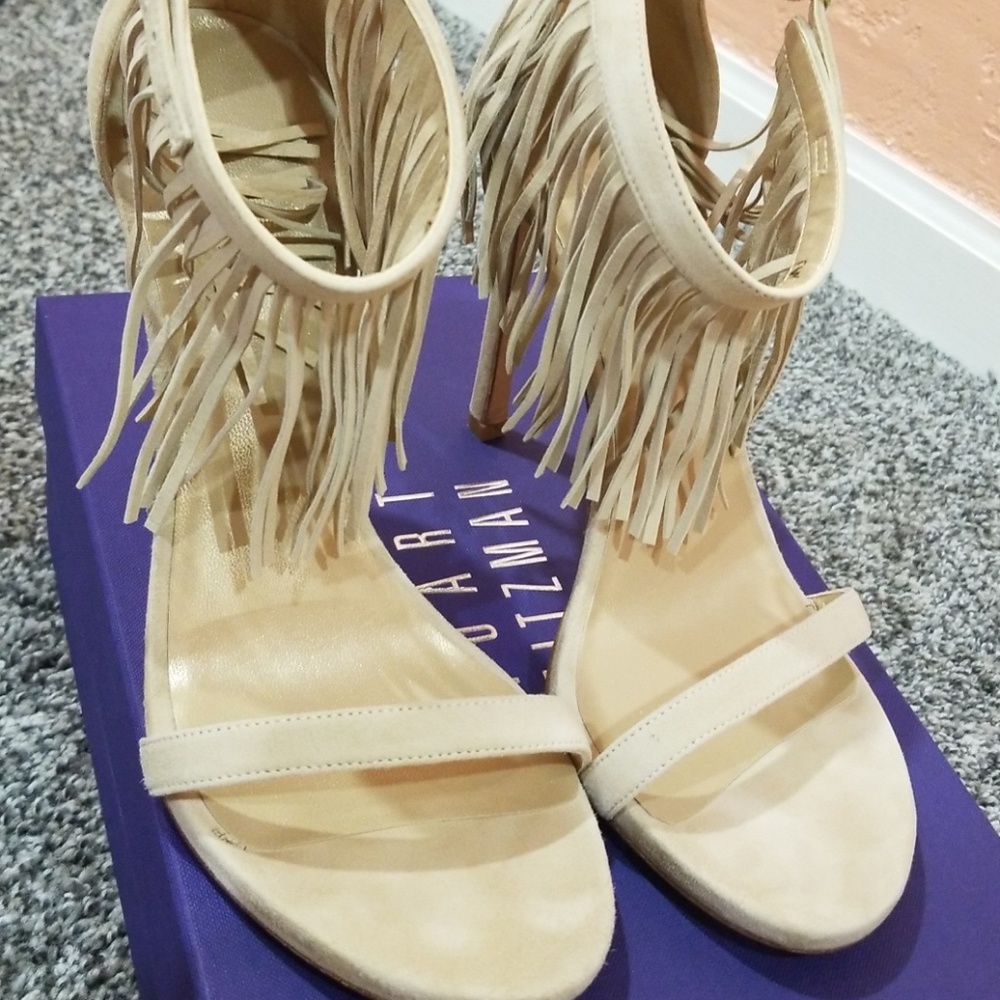 Stuart Weitzman Love Fringe Buff Suede Sandals